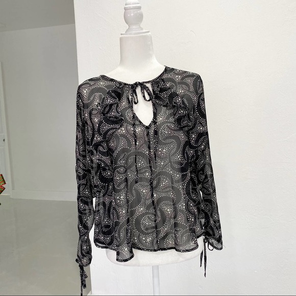 Topshop Star & Moon Blouse Black Ruffles Ties Semi Shear - Picture 9 of 9